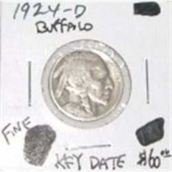 1924-D BUFFALO NICKEL RED BOOK VALUE IS $60.00 *EXTREMELY RARE KEY DATE FINE GRADE* !!
