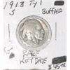 Image 1 : 1913-S TYPE 1 BUFFALO NICKEL RED BOOK VALUE IS $45.00 *EXTREMELY RARE KEY DATE GOOD GRADE*!!