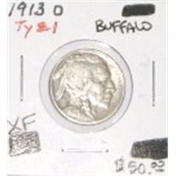 1913-D TYPE 1 BUFFALO NICKEL RED BOOK VALUE IS $50.00 *EXTREMELY RARE KEY DATE EXTRA FINE GRADE*!!