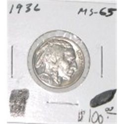 1936 EXTREMELY RARE BUFFALO NICKEL RED BOOK VALUE IS $100.00 *RARE MS-65 HIGH GRADE*!!