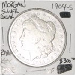 1904-S MORGAN SILVER DOLLAR RED BOOK VALUE IS $300.00 *EXTREMELY RARE KEY DATE EXTRA FINE GRADE*!!