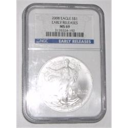 2008 SILVER EAGLE 1oz EARLY RELEASE *EXTREMELY RARE CERTIFIED MS-69 BY NGC* SILVER EAGLE OUT OF SAFE