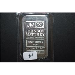 Johnson Matthey Silver Ingot; 999 Fine Silver 1 Oz.; EST. $40-60