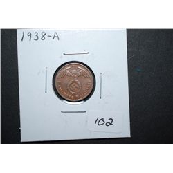 1938-A German 1 Reichspfennig Foreign Coin With Flying Eagle Holding Swatstika; EST. $10-15