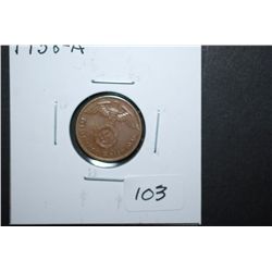 1938-A German 1 Reichspfennig Foreign Coin With Flying Eagle Holding Swatstika; EST. $10-15
