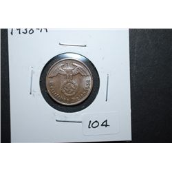 1938-A German 1 Reichspfennig Foreign Coin With Flying Eagle Holding Swatstika; EST. $10-15