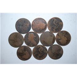 Great Britain One Penny Foreign Coin; Various Dates & Conditions; Lot of 10; EST. $10-15