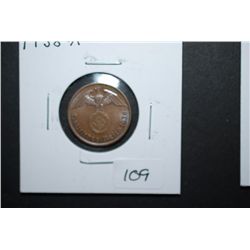 1938-A German 1 Reichspfennig Foreign Coin With Flying Eagle Holding Swatstika; EST. $10-15