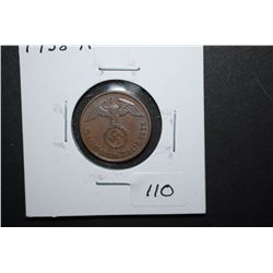 1938-A German 1 Reichspfennig Foreign Coin With Flying Eagle Holding Swatstika; EST. $10-15