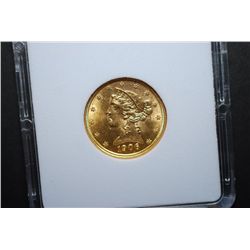 1906 US Liberty $5 Gold Coin; MCPCG Graded MS63; EST. $550-650