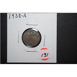 1938-A German 1 Reichspfennig Foreign Coin With Flying Eagle Holding Swatstika; EST. $10-15