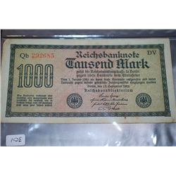 1922 German 1000 Fausend Mark Foreign Bank Note; EST. $3-6