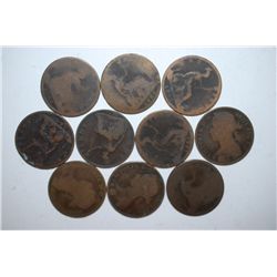 Great Britain One Penny Foreign Coin; Various Dates & Conditions; Lot of 10; EST. $10-20