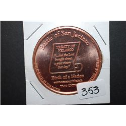 Republic Of Texas Copper Round; Battle Of San Jacinto Treaty Of Velasco "…..and the Lord brought abo