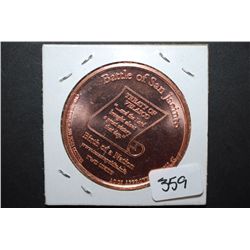 Republic Of Texas Copper Round; Battle Of San Jacinto Treaty Of Velasco "…..and the Lord brought abo