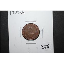 1939-A German 2 Reichspfennig Foreign Coin With Flying Eagle Holding Swatstika; EST. $10-15
