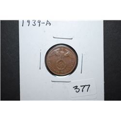 1939-A German 1 Reichspfennig Foreign Coin With Flying Eagle Holding Swatstika; EST. $10-15