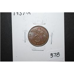 1937-A German 2 Reichspfennig Foreign Coin With Flying Eagle Holding Swatstika; EST. $10-15