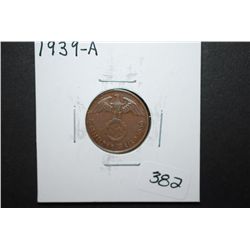 1939-A German 2 Reichspfennig Foreign Coin With Flying Eagle Holding Swatstika; EST. $10-15