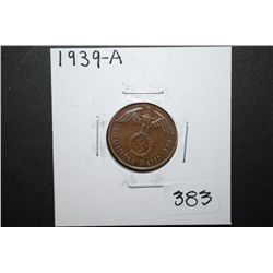 1939-A German 2 Reichspfennig Foreign Coin With Flying Eagle Holding Swatstika; EST. $10-15