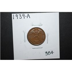 1939-A German 2 Reichspfennig Foreign Coin With Flying Eagle Holding Swatstika; EST. $10-15