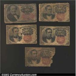 A miscellaneous lot of Fractional Currency, including four Fifth Issue 10¢'s and one Fifth Issue 25¢