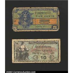 A pair of Military Payment Certificates: Series 481 10¢, VG; and a Series 521 5¢, Good. 2 notes...