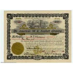 Stock Certificate from the American Oil & Asphalt Company, June 17, 1916....