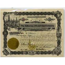 Stock Certificate from the Killarney Oil & Gas Company, November 1, 1916....