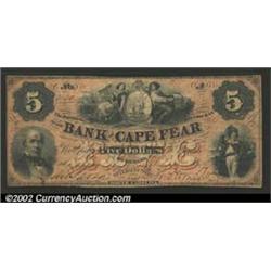 1859 $5 Bank of Cape Fear, Wilmington, NC, Fine. A nice example of this scarce and extremely popular