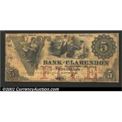 1855 $5 Bank of Clarendon, Fayetteville, NC, VG....