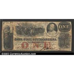 1861 $1 Bank of the State of South Carolina, Charleston, SC, Fine. Some acidity in the ink has eaten