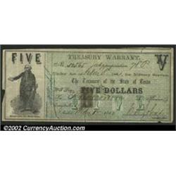 1862 $5 Texas Treasury Warrant, Austin, TX, Cr. TW-11, Fine. There is a long vertical cut in the not