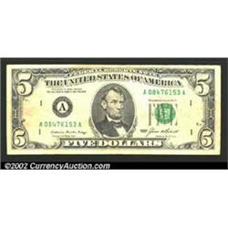 1985 $5 Federal Reserve Note, Fr-1978-A, VF. An extremely dark front-to-back offset occurs on the re
