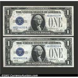 A consecutive pair of 1928A $1 Silver Certificates, Fr-1601, one is Choice CU and the other is Gem C