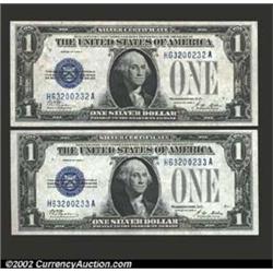 A consecutive pair of 1928A $1 Silver Certificates, Fr-1601, one is Choice CU and the other is Gem C