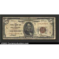 1929 $5 Federal Reserve Bank Note, Fr-1850-L, VG. Two small staple holes are present near the right.