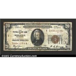 1929 $20 Federal Reserve Bank Note, Fr-1870-I, Fine. Two tears are present in the top edge....