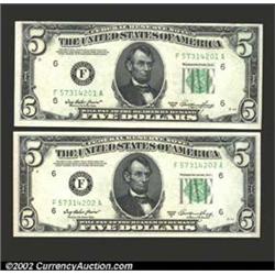 A consecutive pair of 1950-A $5 Federal Reserve Notes, Fr-1962-F, both grading Choice-Gem CU. 2 note