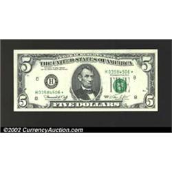 1974 $5 Federal Reserve Note, Fr-1973-H*, Gem CU. An extremely scarce star note that was one of just