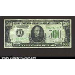 1934 $500 Federal Reserve Note, Fr-2201-B, VF-XF. There is a small edge tear in the top margin....