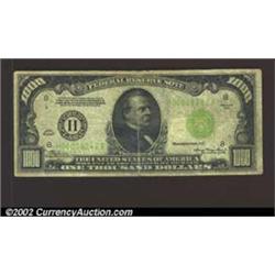 1934 $1,000 Light Green Seal Federal Reserve Note, Fr-2211-H, VG. A long vertical split has been rep