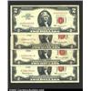 Image 1 : Four $2 Red Seals: 1953B, VF; 1953C, VF; (2) 1963, XF, XF (edge tear). 4 notes...