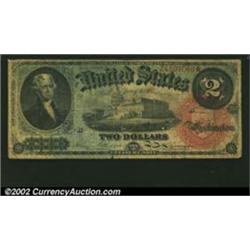 1869 $2 Legal Tender Note, Fr-42, Fine. A more affordable example of the popular Rainbow Deuce issue