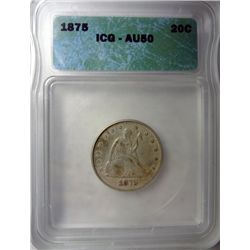 1875 TWENTY CENT PIECE ICG AU50 100% ORIGINAL!