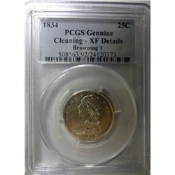 1834 BUST QUARTER PCGS XF, CLEANED. COIN LOOKS AU, NICE COIN