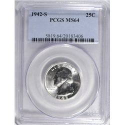 1942-S WASHINGTON QUARTER PCGS MS 64