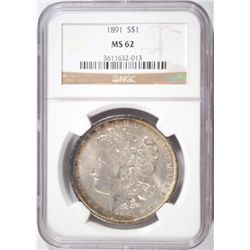 1891 MORGAN DOLLAR NGC MS62 RAINBOW COLORS