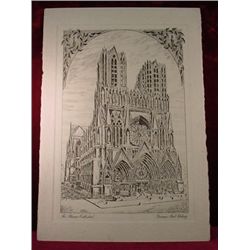 Antique Etching  The Rheims Cathedral 