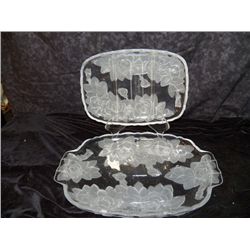 Pair of Rose Crystal Serving Trays pprox 1- 15" x 10.5, 1- 12" x 8.5"